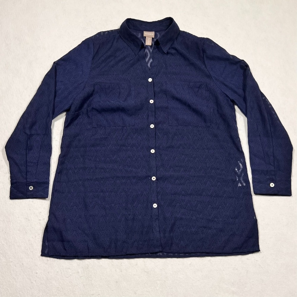 Chico's Button Up Shirt Sheer Blue Eyelet Long Sleeve Casual Women's 2 L/12